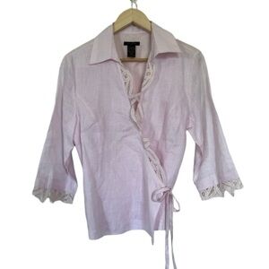 Pastel Pink 100% Linen Anne Carson Wrap Top Blouse Lace Collar Detail Feminine